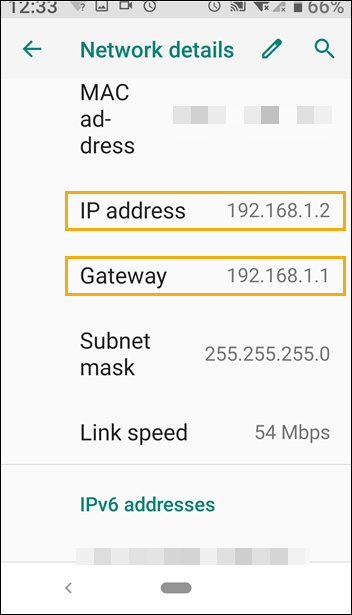 Smartphone showing the network details of the connection with the ESP-01 access point.