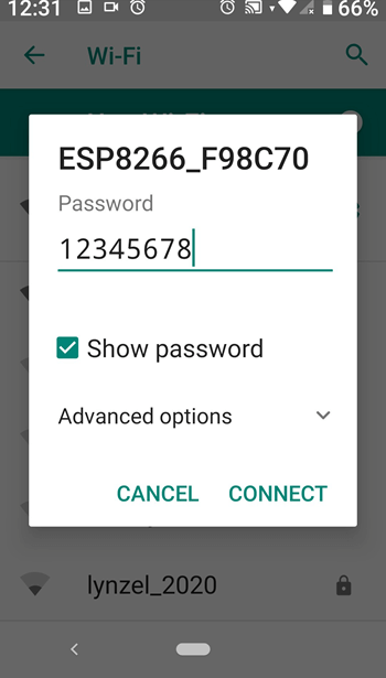 Screenshot of a smartphone showing how to enter the password in order to connect to the ESP-01 Wi-Fi module.