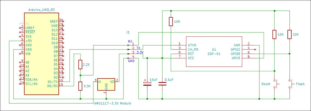 Schematic diagram of Arduino Uno used as an ESP-01 programmer that includes the pinout of both the ESP-01 and the Arduino Uno board.