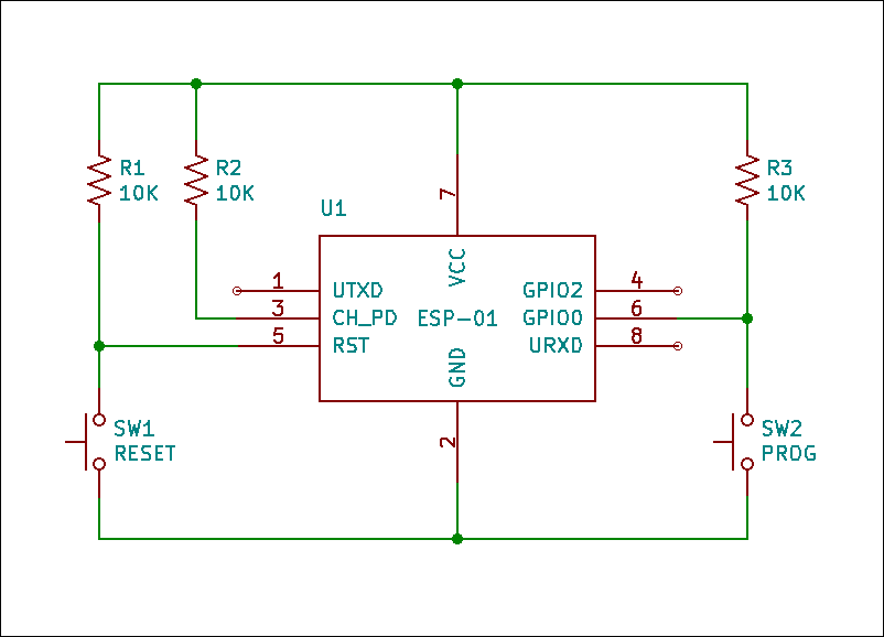 Schematic diagram of an ESP-01 with reset and programming switches.