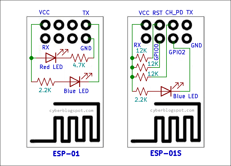 Picture of the ESP-01 board side by side with the ESP-01S board showing the internal connections of the LEDs and the pull-up resistors