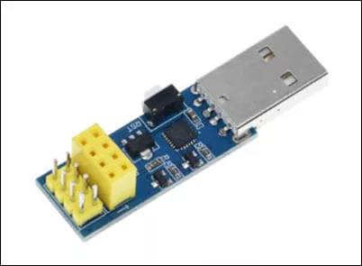 Picture of an ESP-01 programmer module for use in pre-programming an ESP-01 module to be used on ESP-01 Wi-Fi relay module.