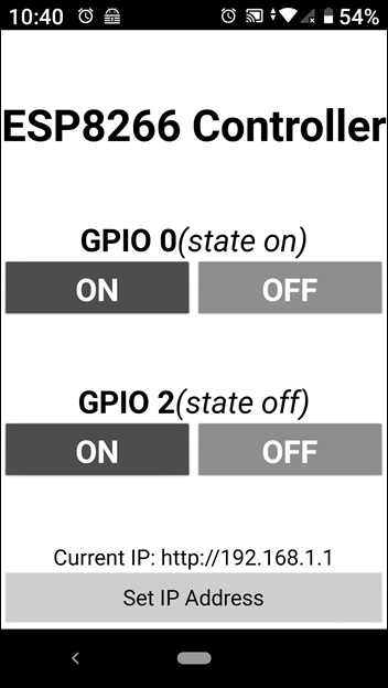 Screenshot of the completed ESP8266 Controller smartphone app ready for use with the ESP-01 Wi-Fi relay module.
