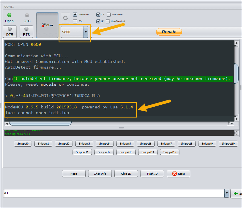 Picture of ESPlorer IDE with the fixed error ESPlorer Can't Autodetect Firmware