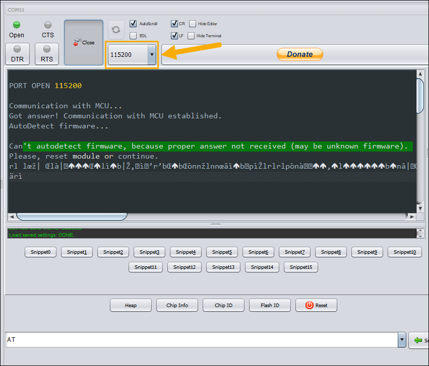 Picture of ESPlorer IDE showing the baud rate setting that is causing the  ESPlorer Cant Autodetect Firmware