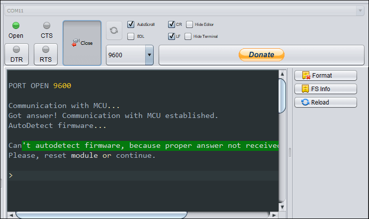 ESPlorer IDE showing the message can't autodetect firmware.