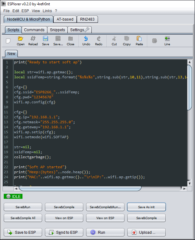 Figure 17 is a picture of the ESPlorer Integrated Development Environment showing a Lua script.