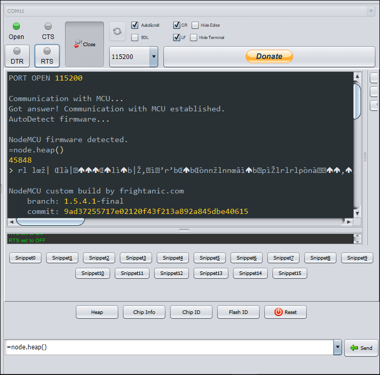 Screenshot of ESPlorer IDE with the NodeMCU firmware version 1.5 but without Cant Autodetect Firmware