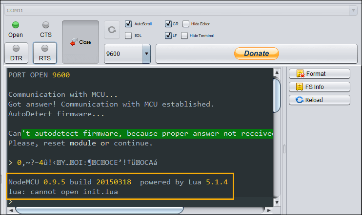 ESPlorer IDE showing a successful firmware detection signifying readiness to accept scripts for programming the ESP-01 module to used for the ESP-01 Wi-Fi relay module.