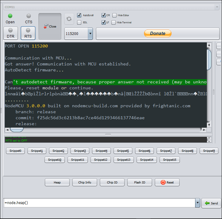 Screenshot of ESPlorer IDE with the NodeMCU firmware version 3.0 but without Cant Autodetect Firmware