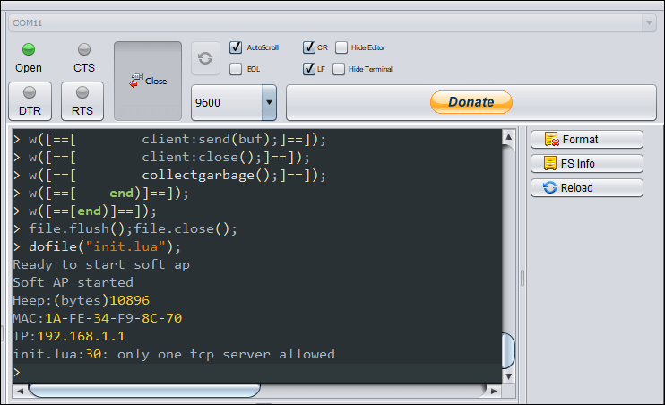 ESPlorer IDE with the Lua script or program executed successfully.