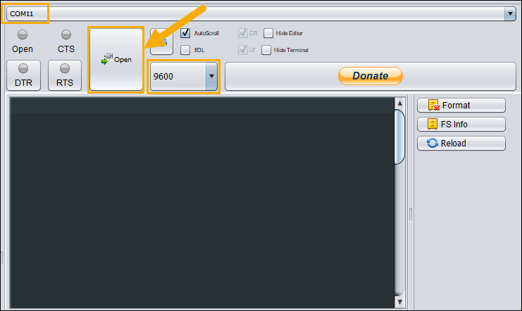 Picture of ESPlorer IDE showing the correct setting before opening the communication port
