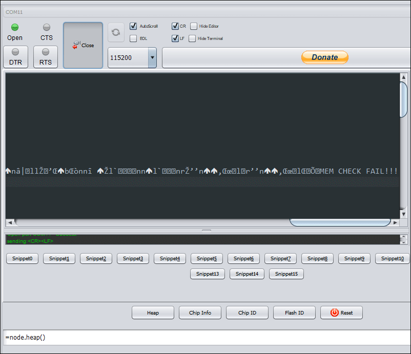 Screenshot of ESPlorer IDE showing the ESPlorer can't autodetect firmware error and the mem check fail error