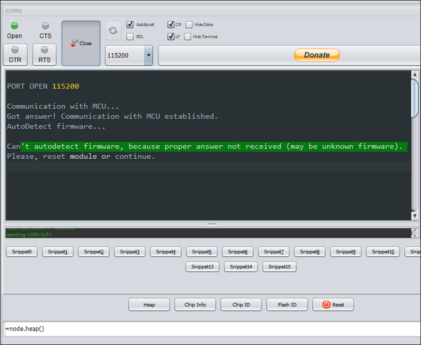 Screenshot of ESPlorer IDE showing the ESPlorer cant autodetect firmware error.
