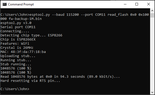 Screenshot of the output display after a successful saving of the ESP-01 ESP8266 module firmware.