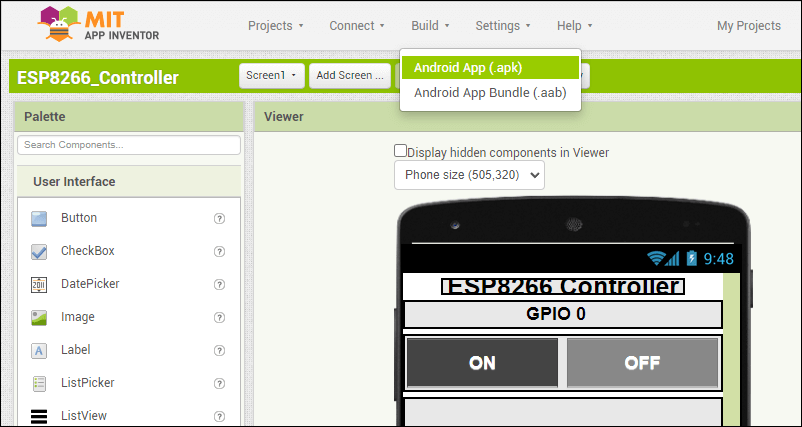 MIT App Inventor screengrab showing how to build the ESP8266 Controller app for the ESP-01 Wi-Fi relay module.
